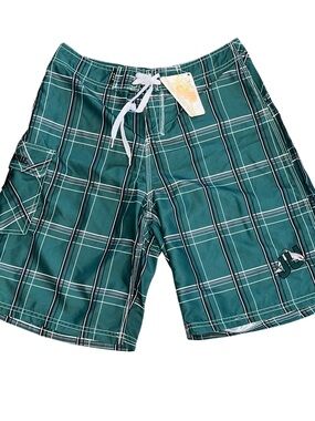 CSS Jacksonville Dolphins Green Swim Trunks Board Shorts Plaid NWT 33 Pocket